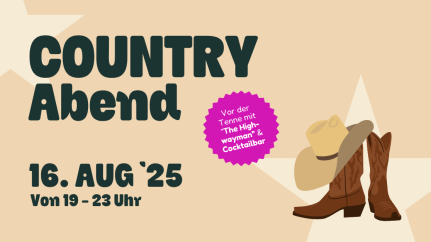 Plakat zum Country Abend am 16.08. mit „The Highwayman“, Stiefeln, Cowboyhut & Stern-Design.