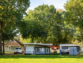 Wohnwagen geparkt unter Bäumen auf dem Campingplatz Baltic Freizeit in Markgrafenheide.